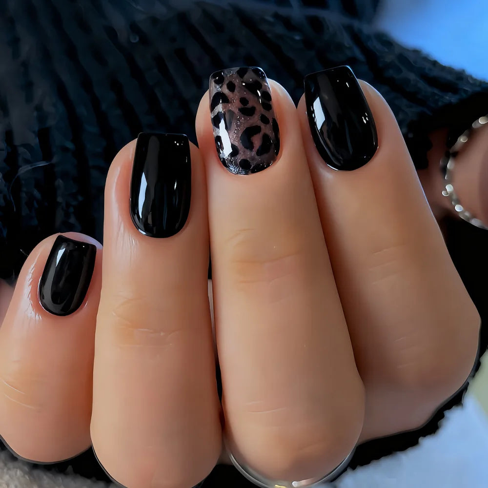 24Pcs Solid Black Short False Nails with Rose Pattern Design Ballerina Square Artificial Full Cover Press on Nail Tips for Girls