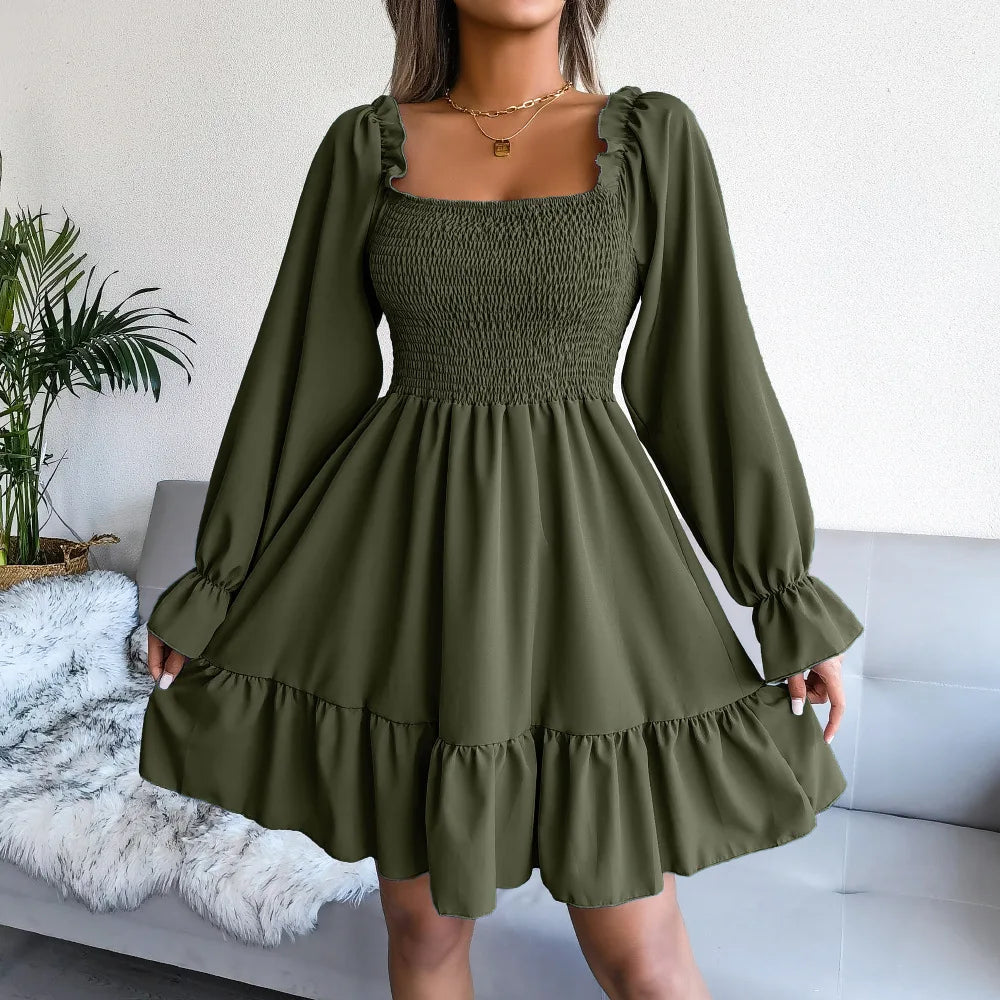 Spring Summer Casual Solid Color Square Neck Flared Long Sleeve Ruffled Dress Red Orange Green Black 2026 Fashion Woman Clothing