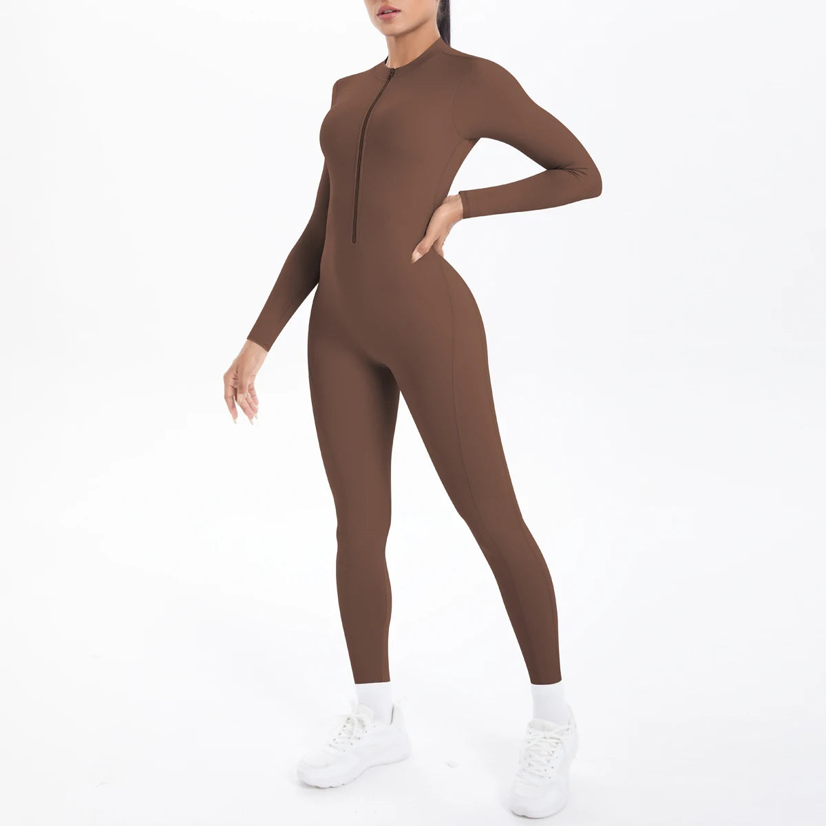Solid Color Backless Yoga Bodysuits Women's Sportswear Stretch Bodysuit For Women Long Sleeves Jumpsuits Push Up Half Zipper Set