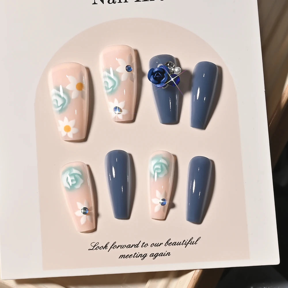 24Pcs Mid-length Ballet Fake Nails Blue Flower Design Wearable Press on Nails Women Floral Medium Square Full Cover False Nails