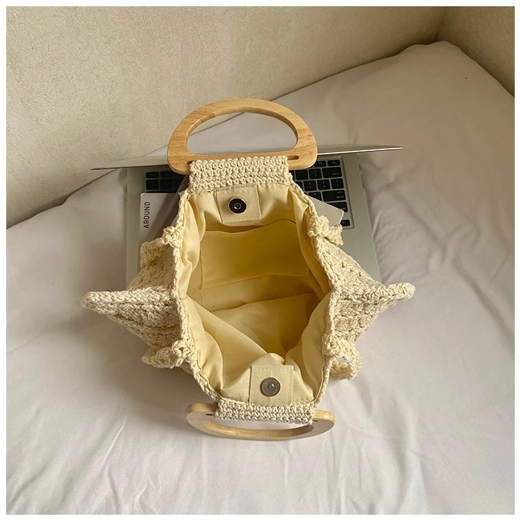 2026 New Retro Fan-shaped Crochet Woven Underarm Bag for Women Ins Style Seaside Vacation Versatile Wooden Handle Shoulder Bag