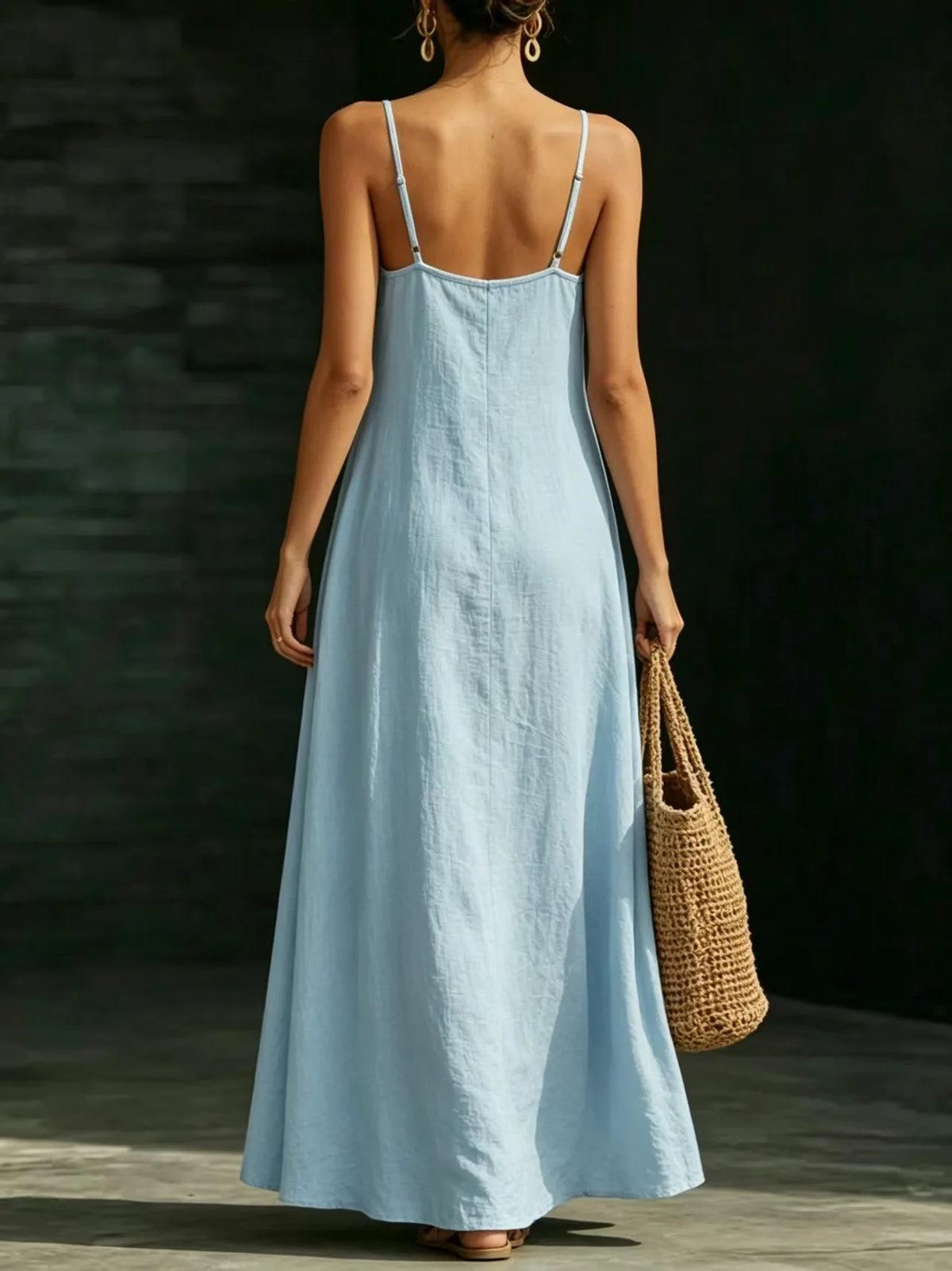 Women Linen Spaghetti Strap Maxi Dress V Neck Loose Swing Long Dress With Pockets Casual Summer Beach Vacation Sundress Ladies