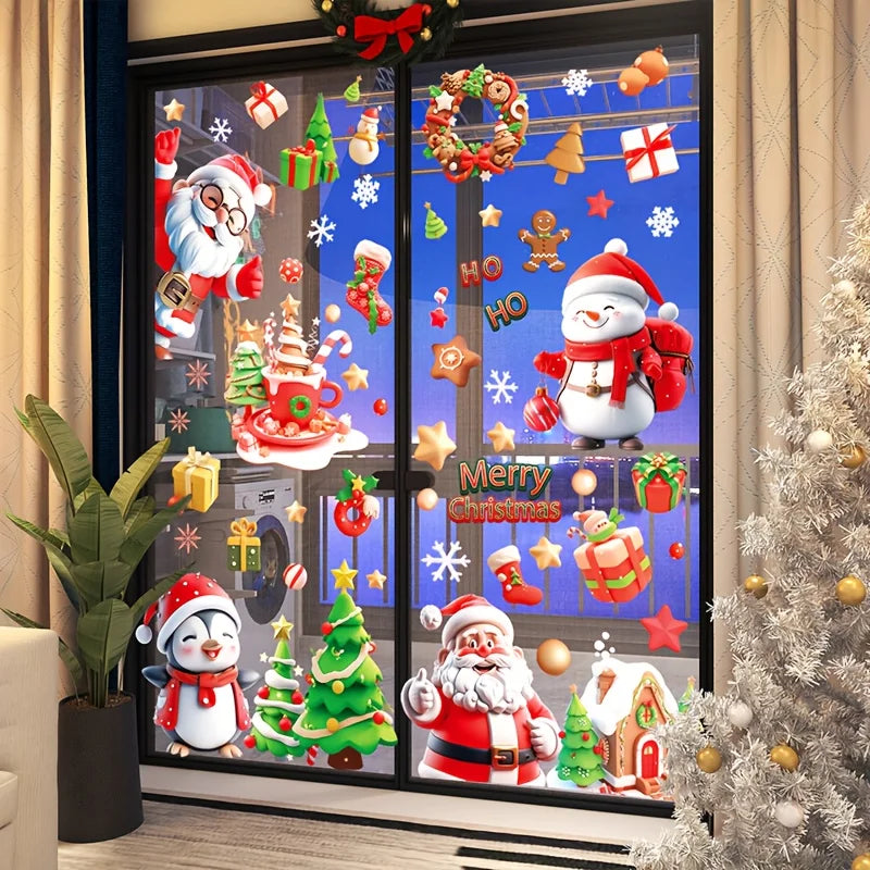 Xmas Cartoon Character Window Stickers, Santa Penguin Snowman Reindeer Christmas Window Clings, Festive Removable Glass Decals 