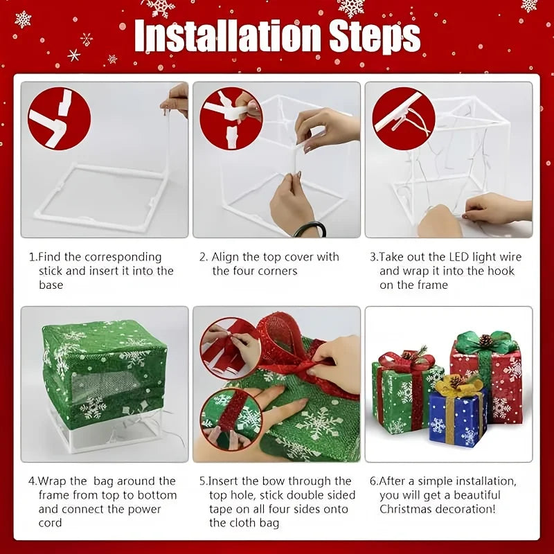 3Pcs Christmas Lighted Gift Boxes LED Light-Up Present Boxes Christmas 3-Color Xmas Gift Boxes Christmas Tree Skirt Ornaments