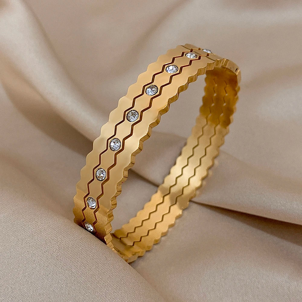 Flashbuy New Design Cubic Zircon Stainless Steel Bangles Bracelets for Women Geometric Gold Color Waterproof Fashion Jewelry