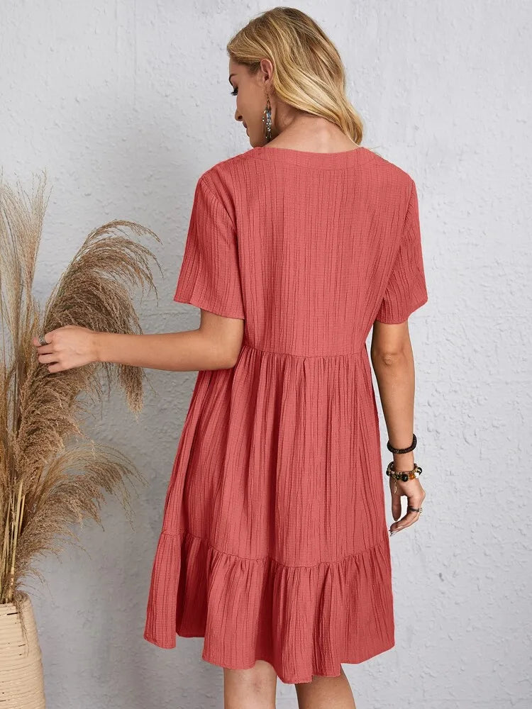 Women Elegant V Neck Ruffles Mini Dress Summer Vintage Solid Loose Sundress Bohemian Casual Solid Beach Party Vestidos