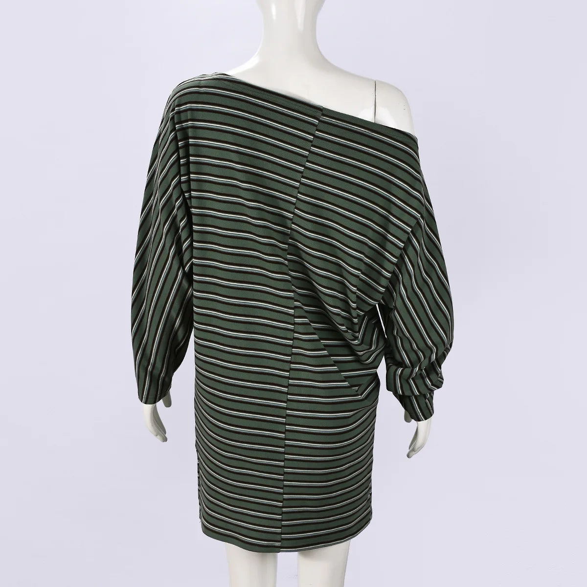 BKLD 2026 Autumn New Fashion Elastic Striped Skew Shoulder Bodycon Dress Women Clothing Printed Long Sleeve Short Dresses