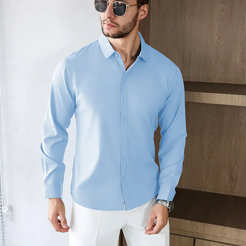 New Men's Business Casual Long Sleeved Solid Color Shirt Wrinkle Resistant Wrinkle Free Comfortable All Season Versatile Top