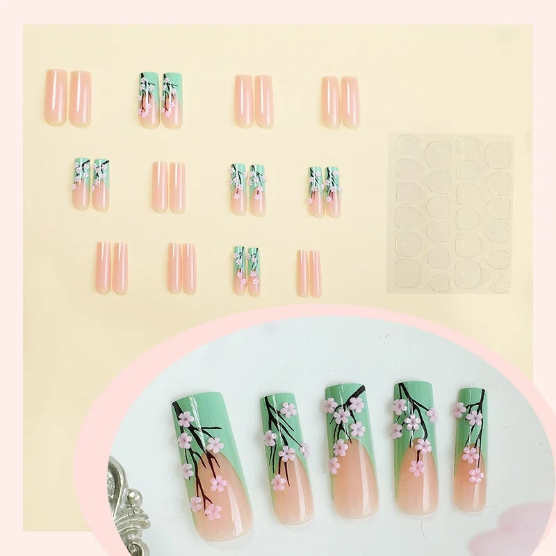 24pcs Green French Fake Nail Spring Summer Long Square Press on Nails Woman with Flower Design False Nail Sets Wearable Manicure