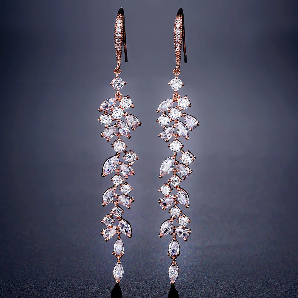 ZAKOL Fashion Cubic Zirconia Leaf Long Dangle Earrings for Elegant Women White Leaves Drop Earring Bridal Wedding Jewelry
