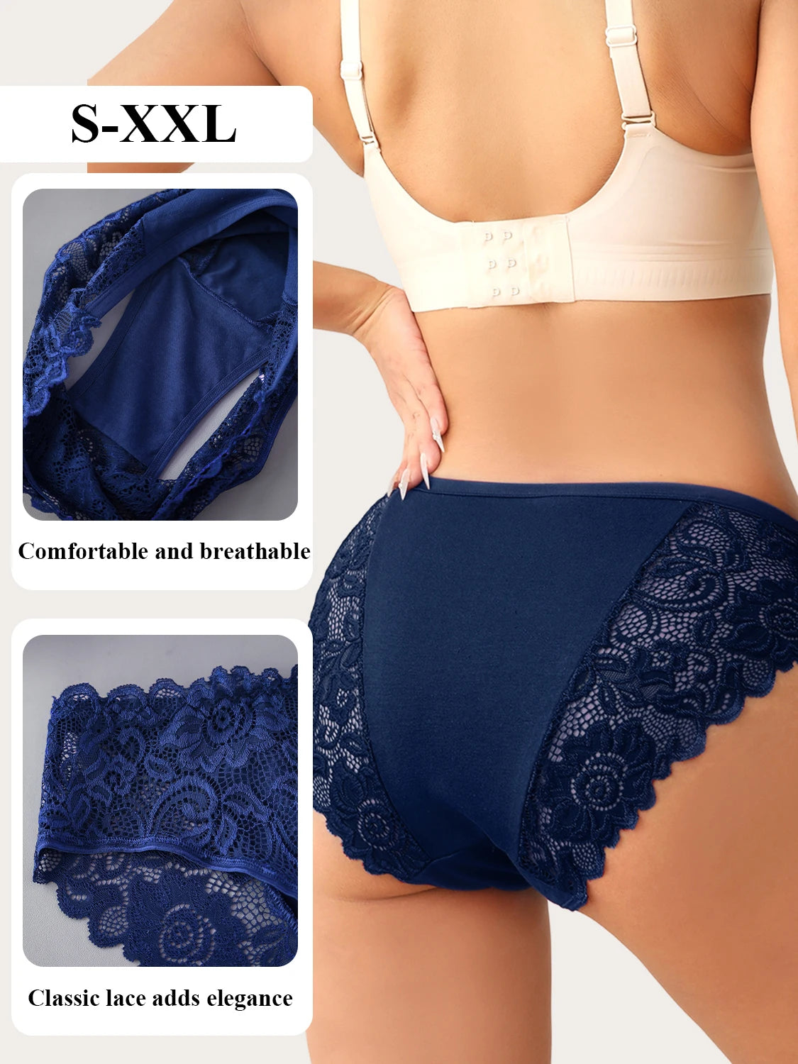 2PCS Solid Color Comfortable Cotton Underwear for Women Exquisite Floral Lace Designs Panties Semi-Sheer Sexy Briefs All Season