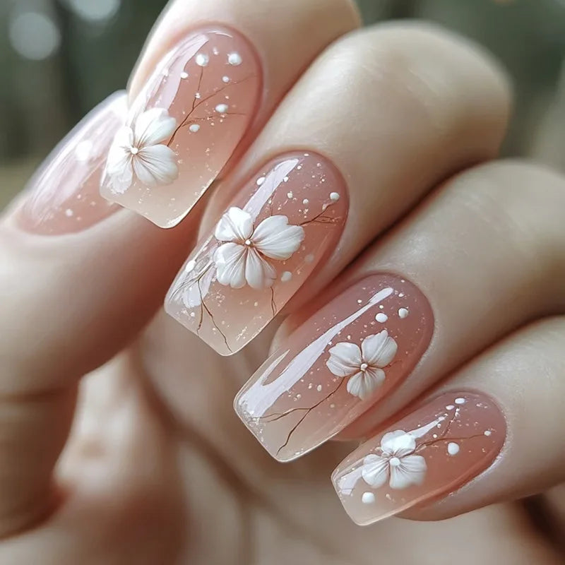 24pcs Short Square Press on Nails Jade Flower Sparkling Powder Designs Fake Nails with Glue Green Gradient Full Cover Nail Tips