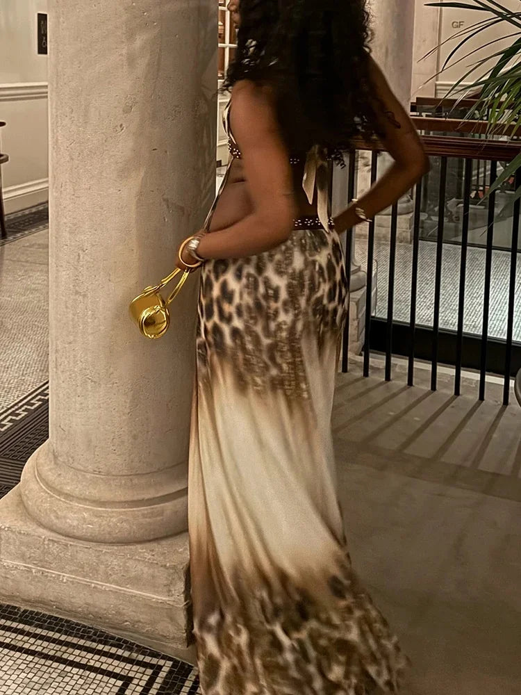 Summer Vacation Sexy Leopard Print Halter Maxi Dress Elegant Deep V Hollow Out Low-Waist Irregular Beach Dress Lady Party Outfit
