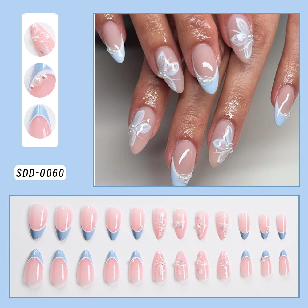24pcs Gradient Green French Wearable Press on Nails Medium Almond Spring Petal Full Cover Fake Nail Tips Floral False Nails