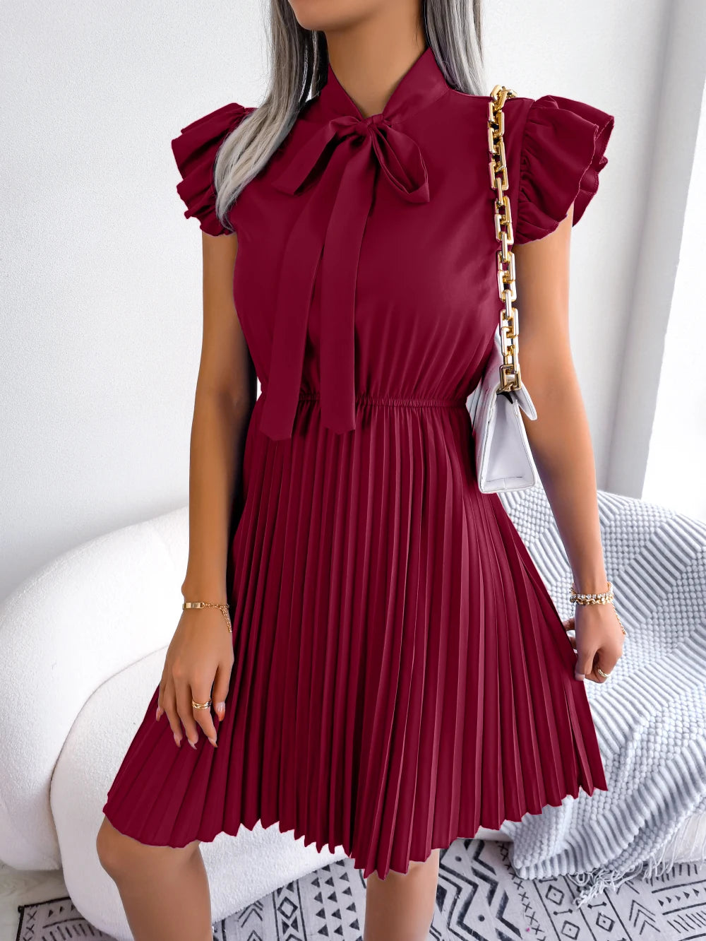 Elegant Bow Tie Pleated Dress 2026 Women Summer Solid Color Ruffles Short Sleeve Mini Dress Green Red Black Blue Woman Clothing