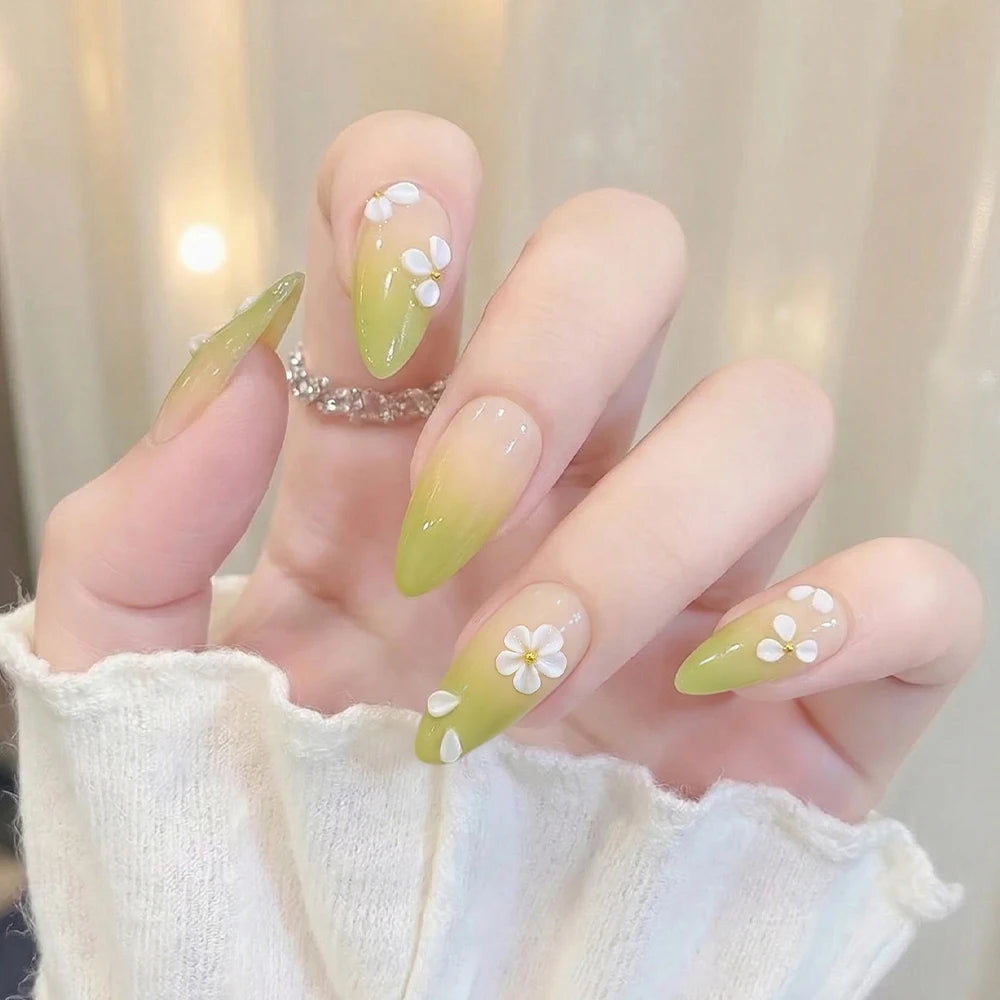 24pcs Gradient Green French Wearable Press on Nails Medium Almond Spring Petal Full Cover Fake Nail Tips Floral False Nails
