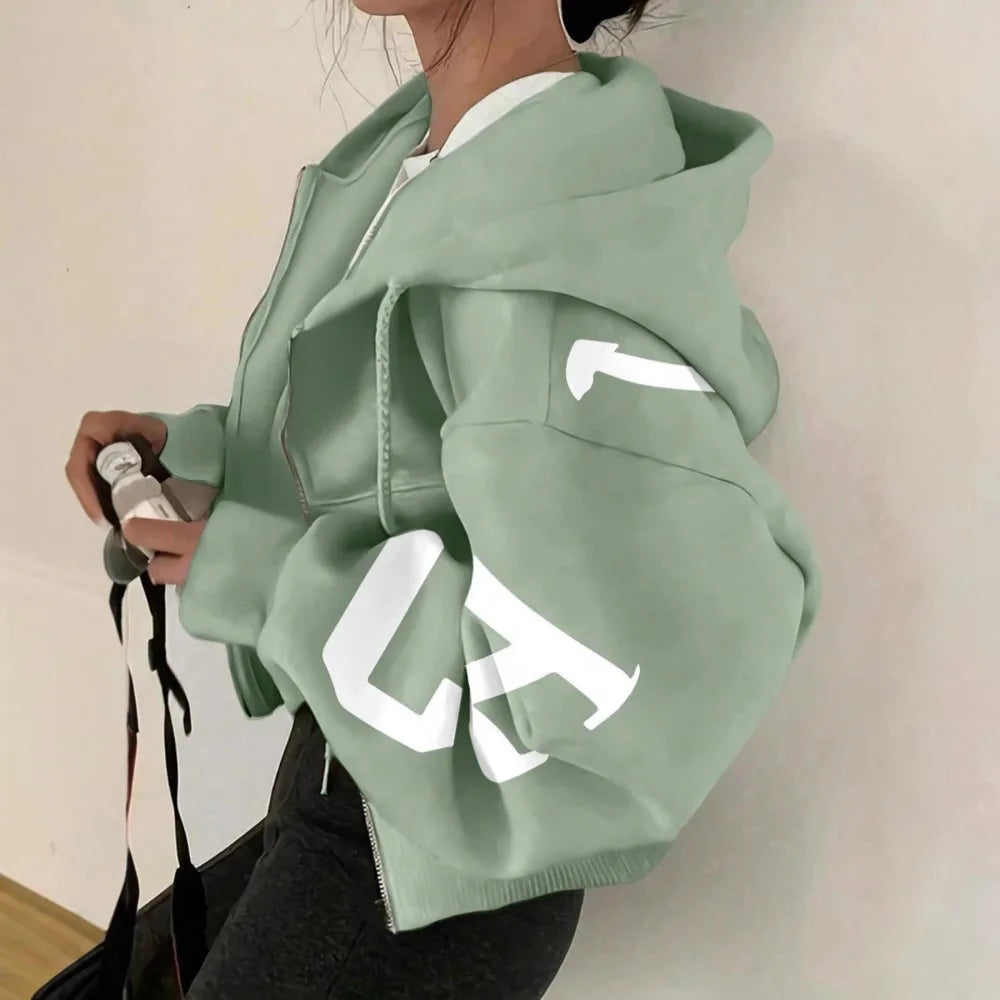 Women Y2K Crop Zip Up Hoodie Letter Print Oversized Long Sleeve Hooded Sweatshirt Casual Streetwear Short Jacket Outerwear