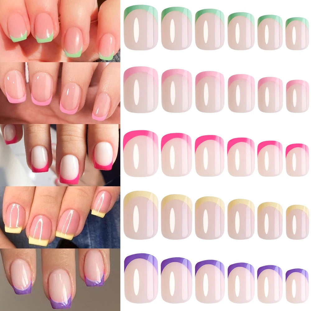 120Pcs Acrylic Short Square Fake Nails Colorful French Tip Extensions Press On Nails Full Cover Wearable Artificial False Nails