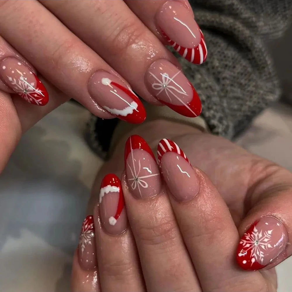 24Pcs Christmas Red French Almond Fake Nails Snowflake Xmas Hat Design Full Cover False Nail Acrylic Wearable Press On Nails