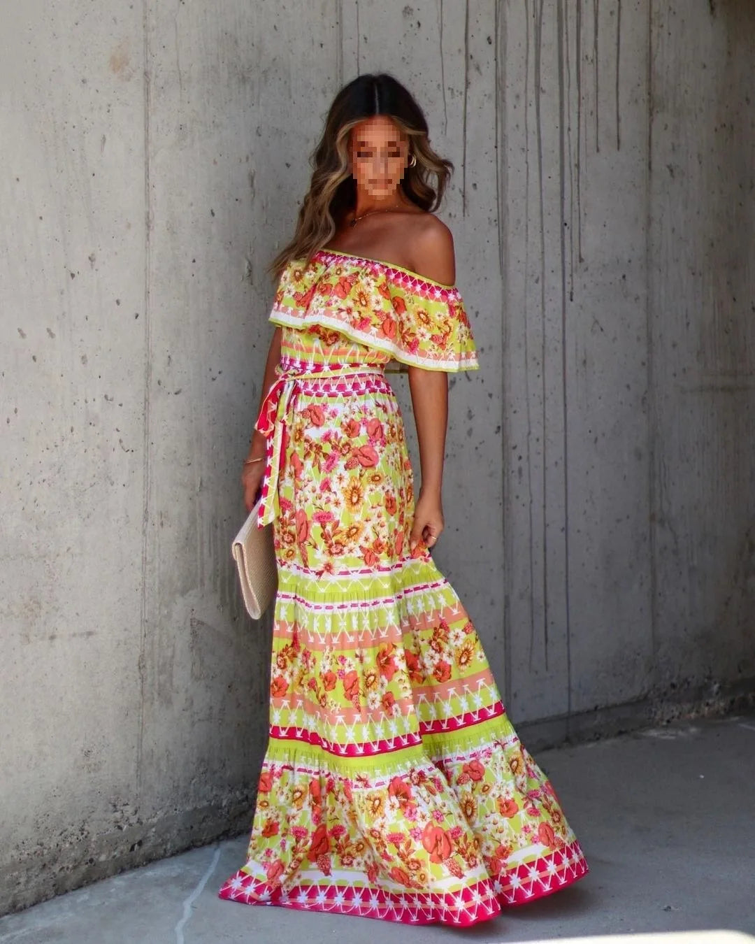 BKLD Elegant Printed Maxi Dress Sexy Off The Shoulder Tie Waist Slim Fit Dress Women Summer Party Vacation Outfits 2026 New