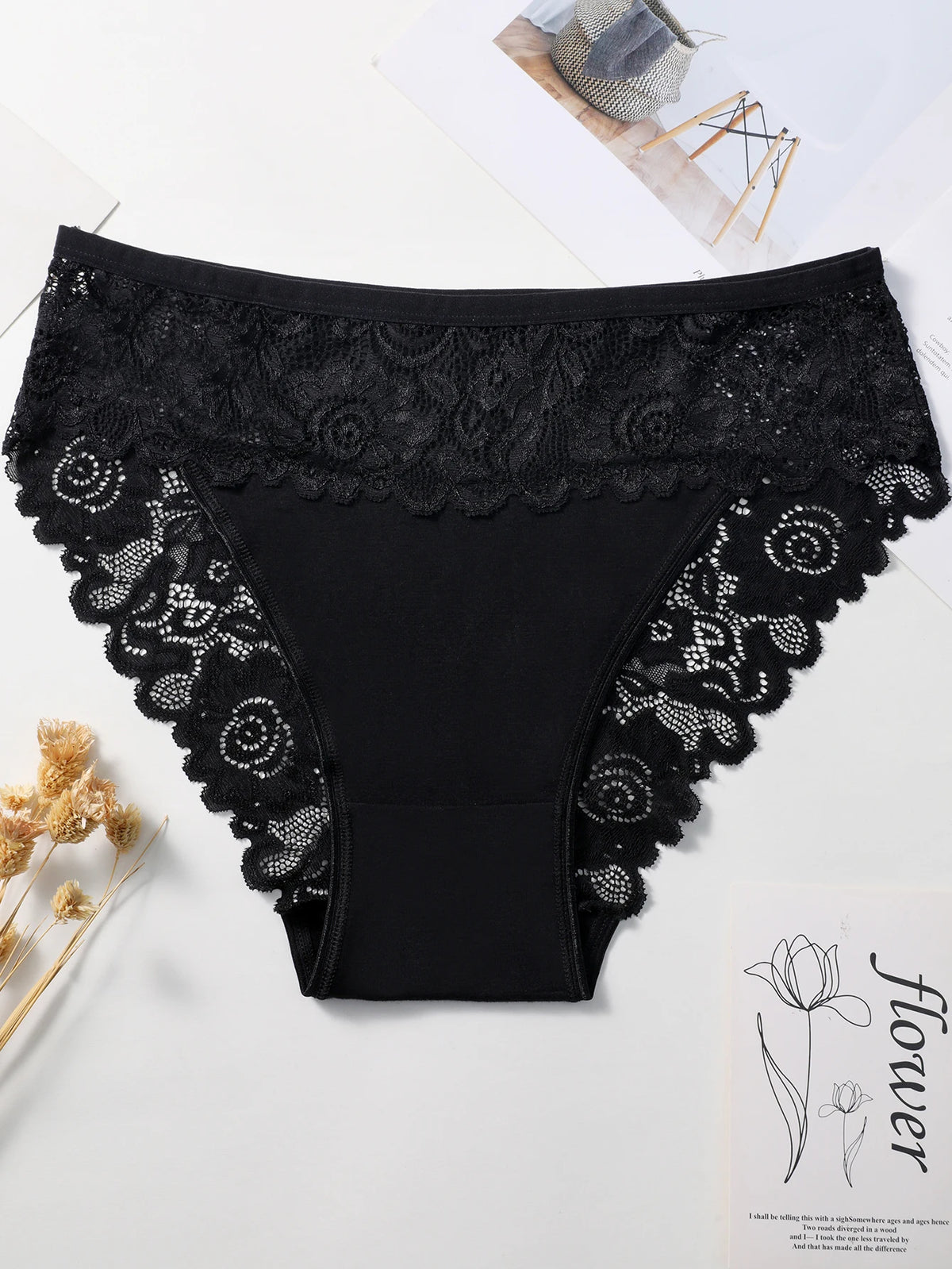 3PCS Women's Panties Sexy Hollow Out Flower Lace Cotton Splicing Briefs Comfort Lingerie Breathable Underpants Daily Wear