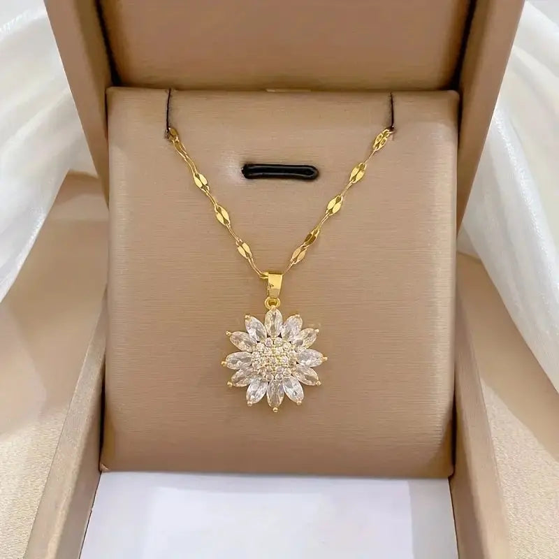 Trendy Rotation Spin Sunflower Stainless Steel Zircon Necklaces For Women Metal Crystal Necklace Party Birthday Gifts Jewelry