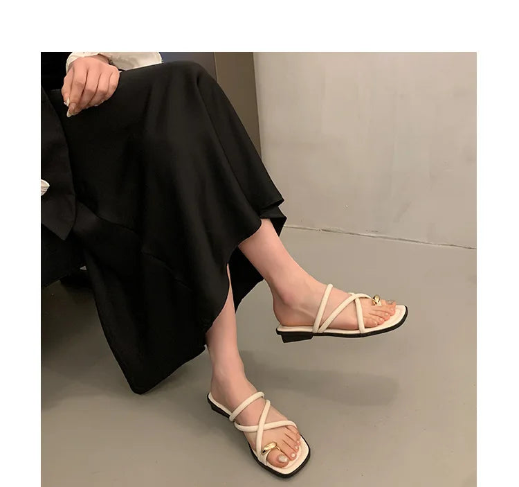 Women Summer Slippers Ladies Sandals Metal Decor Thong Flip Flop Low Heel Shoes Woman Outdoor Retro Brown Sandals Female