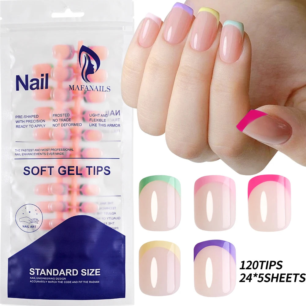 120Pcs Acrylic Short Square Fake Nails Colorful French Tip Extensions Press On Nails Full Cover Wearable Artificial False Nails