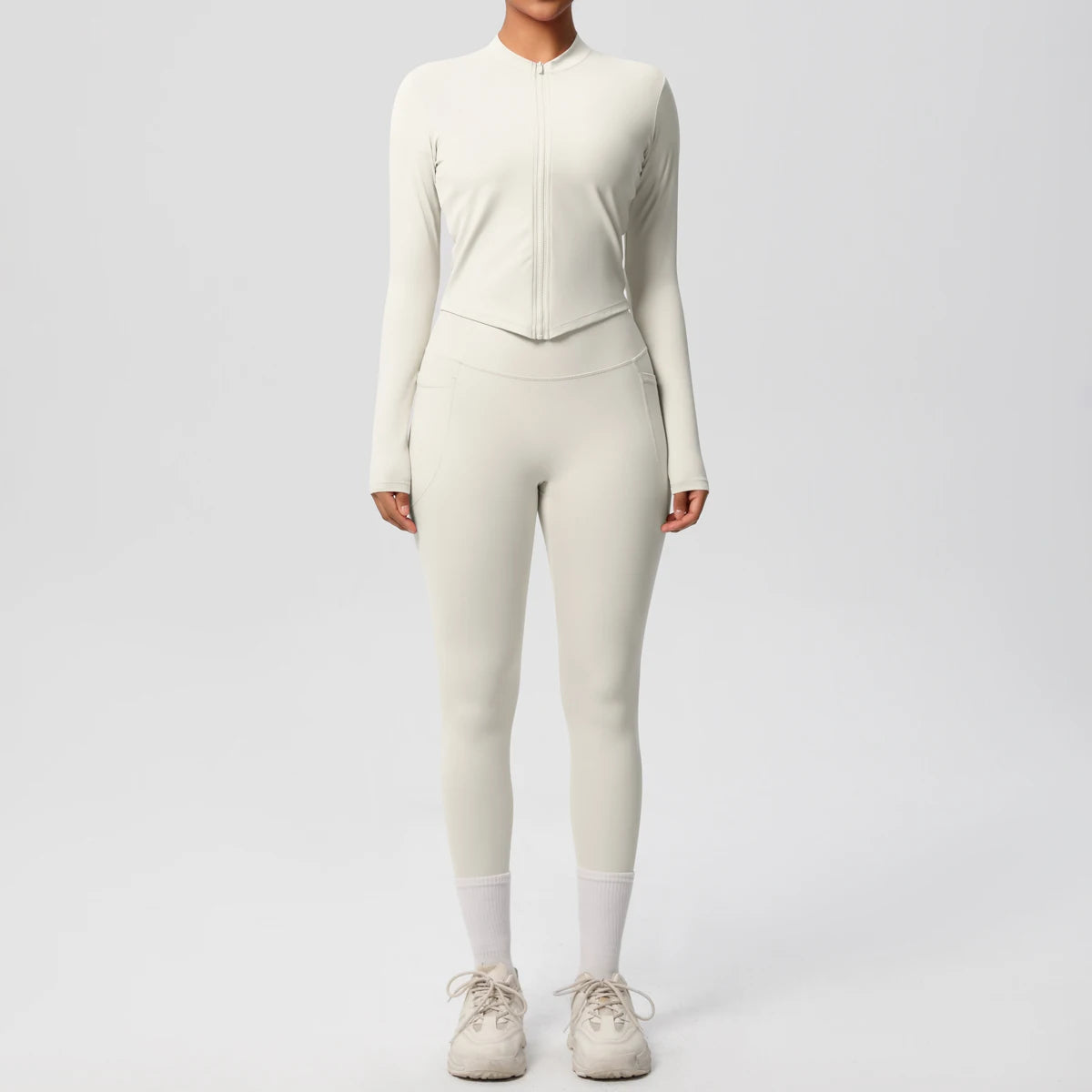 2PCS Yoga Suit Women Gym Set Leggings With Pocketed Women Tracksuit Running Zipper Workout Sportswear Long Sleeve Sports Shirt