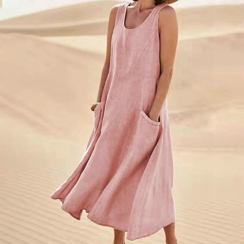 Women Casual Sleeveless A Line Dress with Pockets Vintage Hrajuku Loose Midi Length Maxi Dress Summer O Neck Cotton Linen Dress