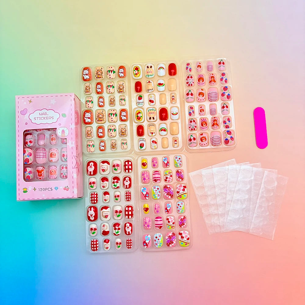 120Pcs Cartoon False Nails for Girls Kawaii Acrylic Short Square Full Cover Fake Nails Tips Kids Press on Nails with Jelly Glue