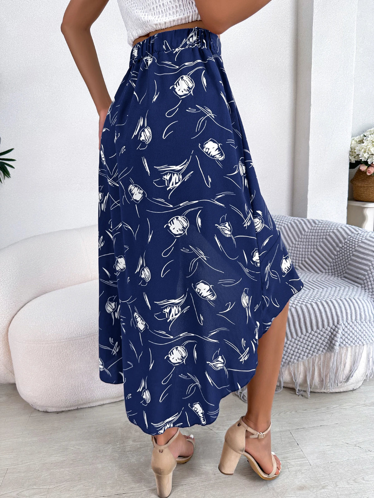 Women Casual Floral Print Ruffles Asymmetrical Long Skirt Elegant Dress for Spring Summer Vacation Woman Fashion Clothes