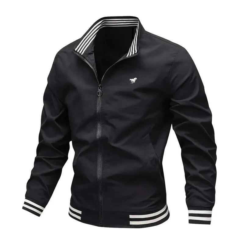 Autumn Winter Men's Long-sleeved Zipper Stand Collar Jacket Non-fleece 100% Polyester Fiber Collar Striped Design Casual Jacket