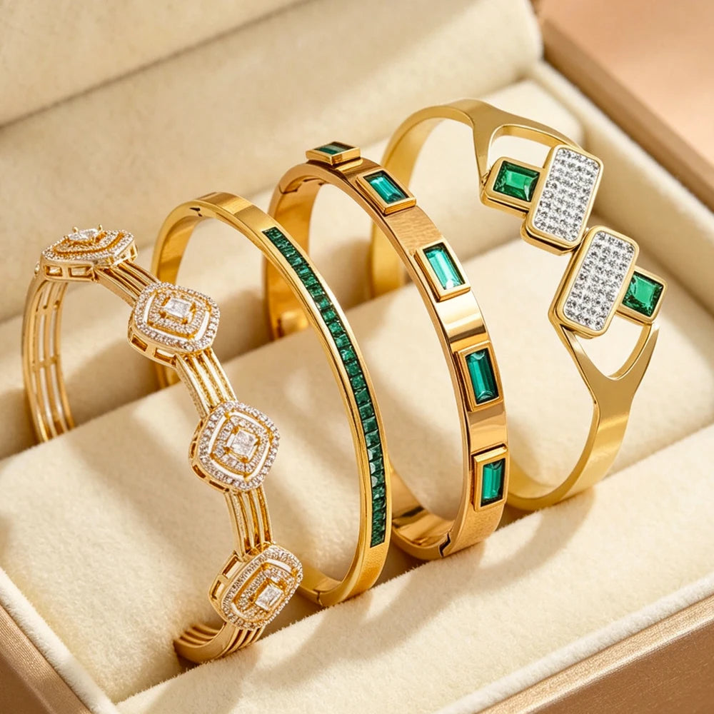 ZAKOL 4/1pcs Geometric Green Square Zircon Inlaid Stainless Steel Copper Stacking Bracelet Luxury Wedding Party Jewelry Gift