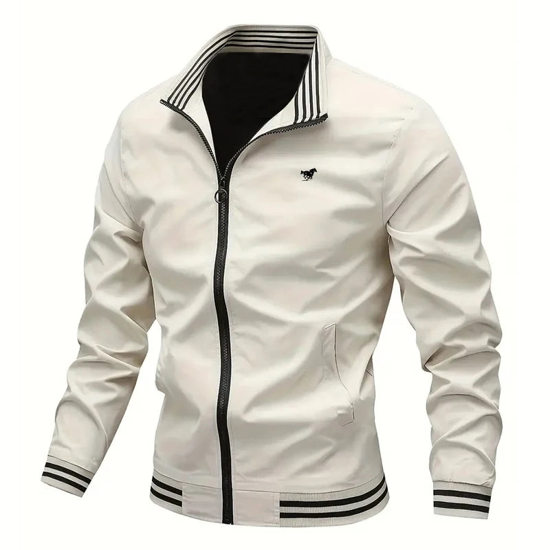 Autumn Winter Men's Long-sleeved Zipper Stand Collar Jacket Non-fleece 100% Polyester Fiber Collar Striped Design Casual Jacket