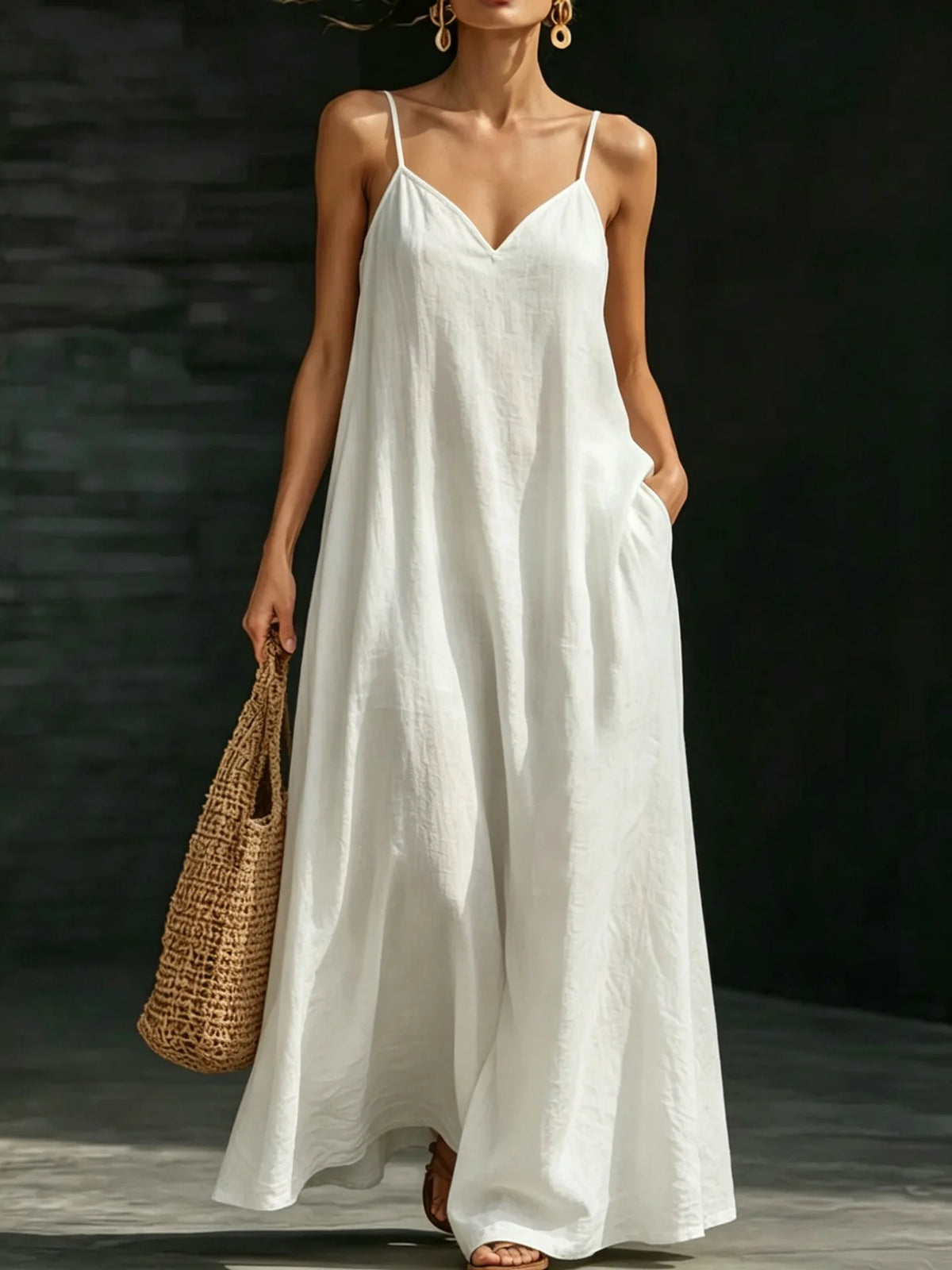 Women Linen Spaghetti Strap Maxi Dress V Neck Loose Swing Long Dress With Pockets Casual Summer Beach Vacation Sundress Ladies