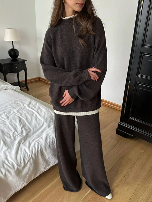 Women's Casual Two Piece Sets O-Neck Sweaters Knit Long Sleeve Loose Pullovers Wide Leg Pant Sets Autumn Winter Lady Streetwear