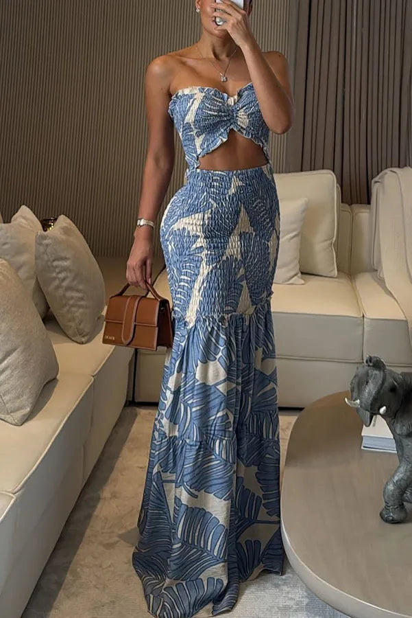 BKLD Women Clothing Halter Neck Party Dresses Fashion Printed Vacation Outfits Hollow Out Ruched Night Out Vestidos Clubwear