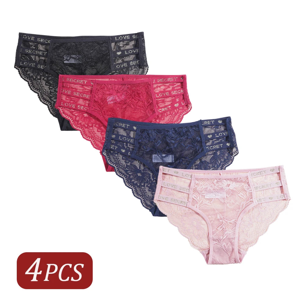 4PCS Elegant Floral Lace Women's Panties Underwear Comfortable Solid Color Briefs with "LOVE" Letter Waistband Female Lingerie