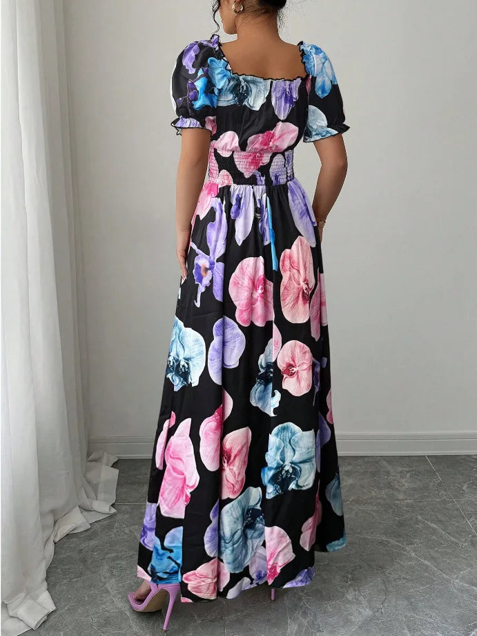 BKLD Women Clothing Summer Floral Print Dress Short Sleeve Square Collar Beach Holiday Outfits Waist Ruched Long Dresses Party