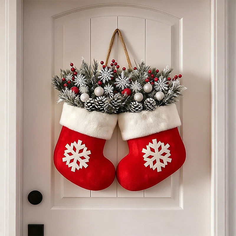 1pc Christmas Sock Wreath, with Red Berries, Pine Cones, And Branches, Suitable for Farmhouse Decor, Mantel, Ideal for Christmas