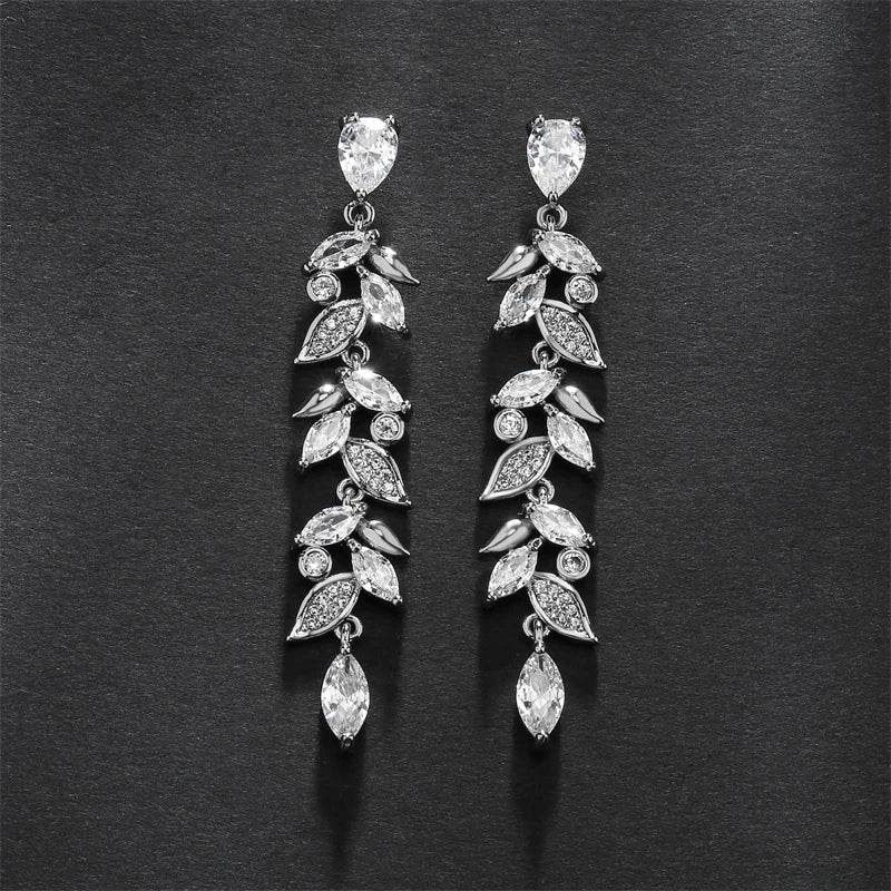 ZAKOL Fashion Cubic Zirconia Leaf Long Dangle Earrings for Elegant Women White Leaves Drop Earring Bridal Wedding Jewelry