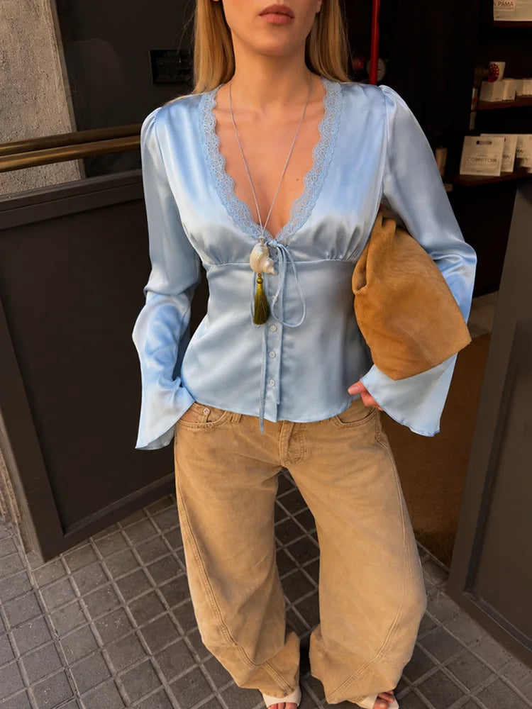 Vintage Lace Patchwork Satin Shirts Women Lace Up Long Sleeve Slim V-Neck Romantic Tops Female Spring Autumn Commute Streetwear