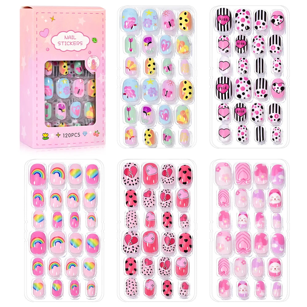 120Pcs Cartoon False Nails for Girls Kawaii Acrylic Short Square Full Cover Fake Nails Tips Kids Press on Nails with Jelly Glue