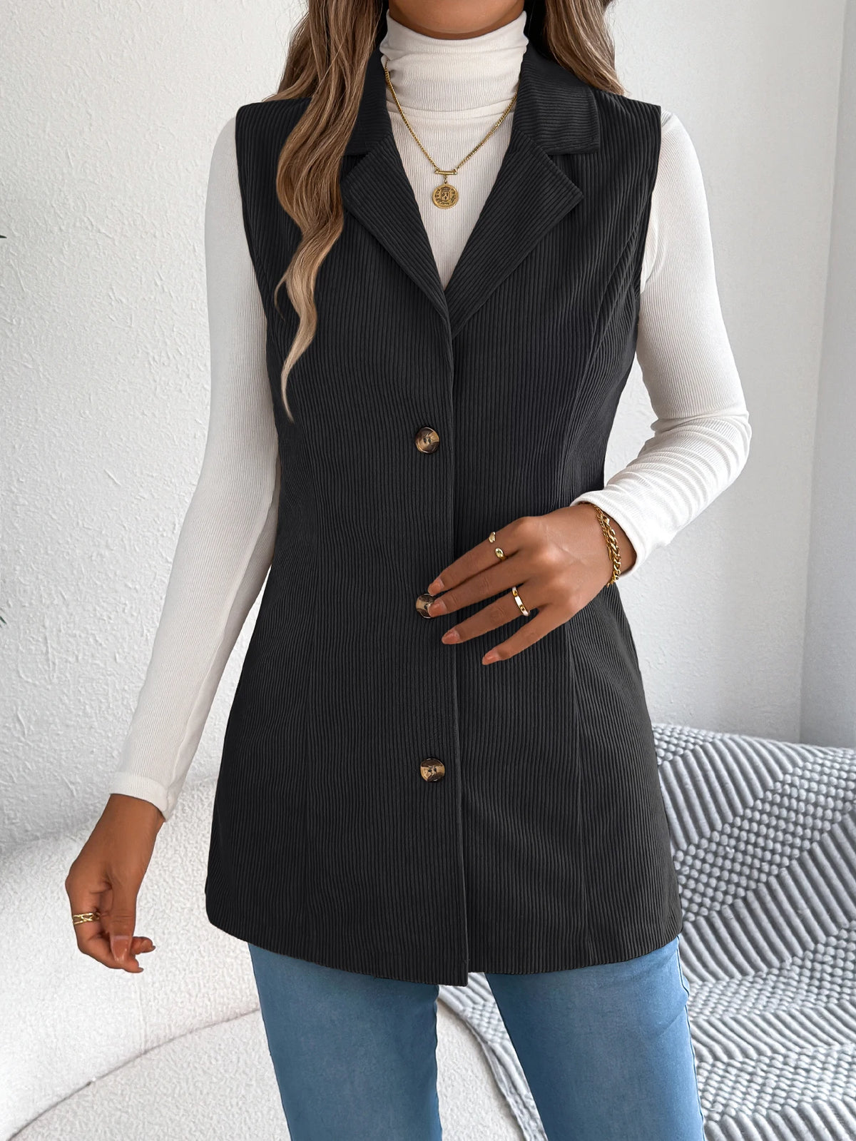 Autumn Winter Corduroy Coat Women 2026 Casual Solid Color Single Breasted Lapel Sleeveless Jacket Khaki Red Black Woman Clothing