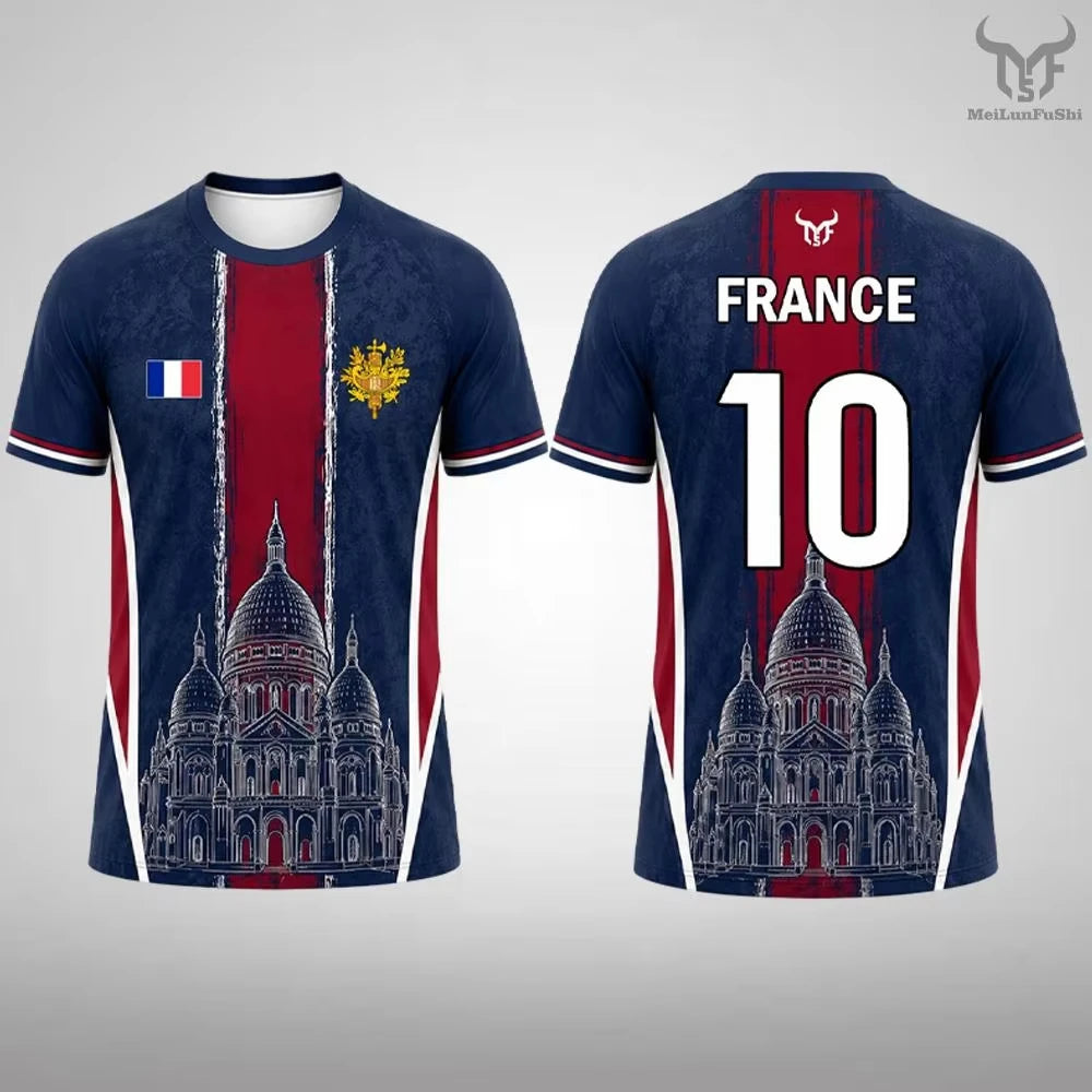 New France Flag Print Soccer Jersey Family Style for Adults Kids Outdoor Casual Breathable Short Sleeve Top for Sports Fitness