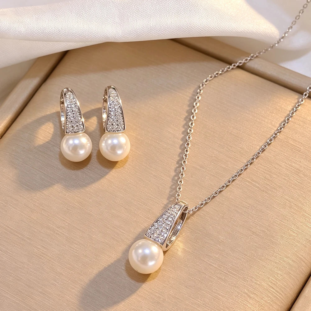ZAKOL Sliver Color Simple Shiny Zirconia Round Imitation Pearl Earrings and Necklace Set for Women Exquisite Jewelry Gift