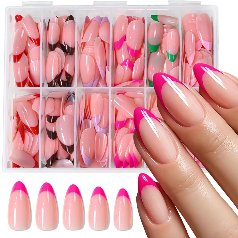 288Pcs Colorful Medium Almond French False Nails Red/Green/Pink/Purple Full Cover Fake Nails Tips Extension Women Press on Nails