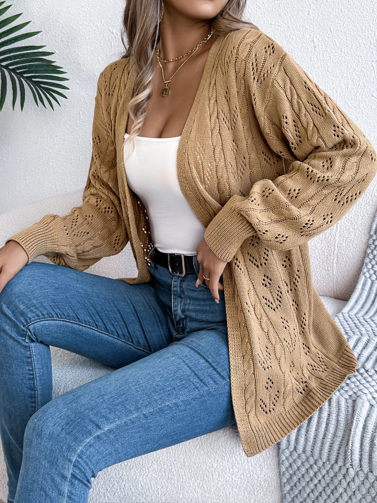Women's Solid Color Hollow Out Knitted Cardigan Sweaters 2026 Autumn Winter Casual Lantern Long Sleeve Coats White Black Khaki