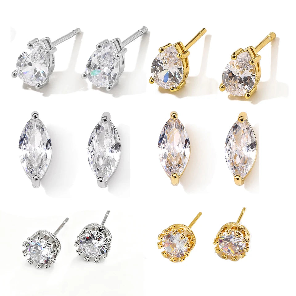 ZAKOL 6pcs/set Sliver Gold Color Shiny Clear Zircon Stud Earrings Water Drop Marquise Round CZ Ear Accessories for Women Girls